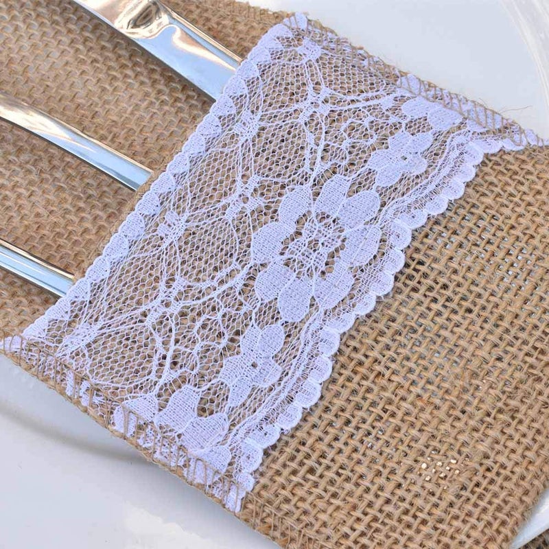 Bodosac Awtlife 60 Packs Xmas Burlap Lace Utensil Holders Silverware Cutlery Pouch Knifes Forks Bag for Vintage Wedding - Image 3